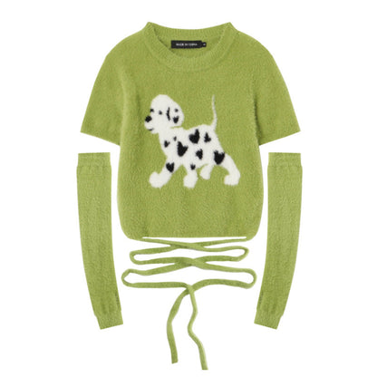 2 Colors Imitation Mink Puppy Pattern Sweater with Sleeve Ties
