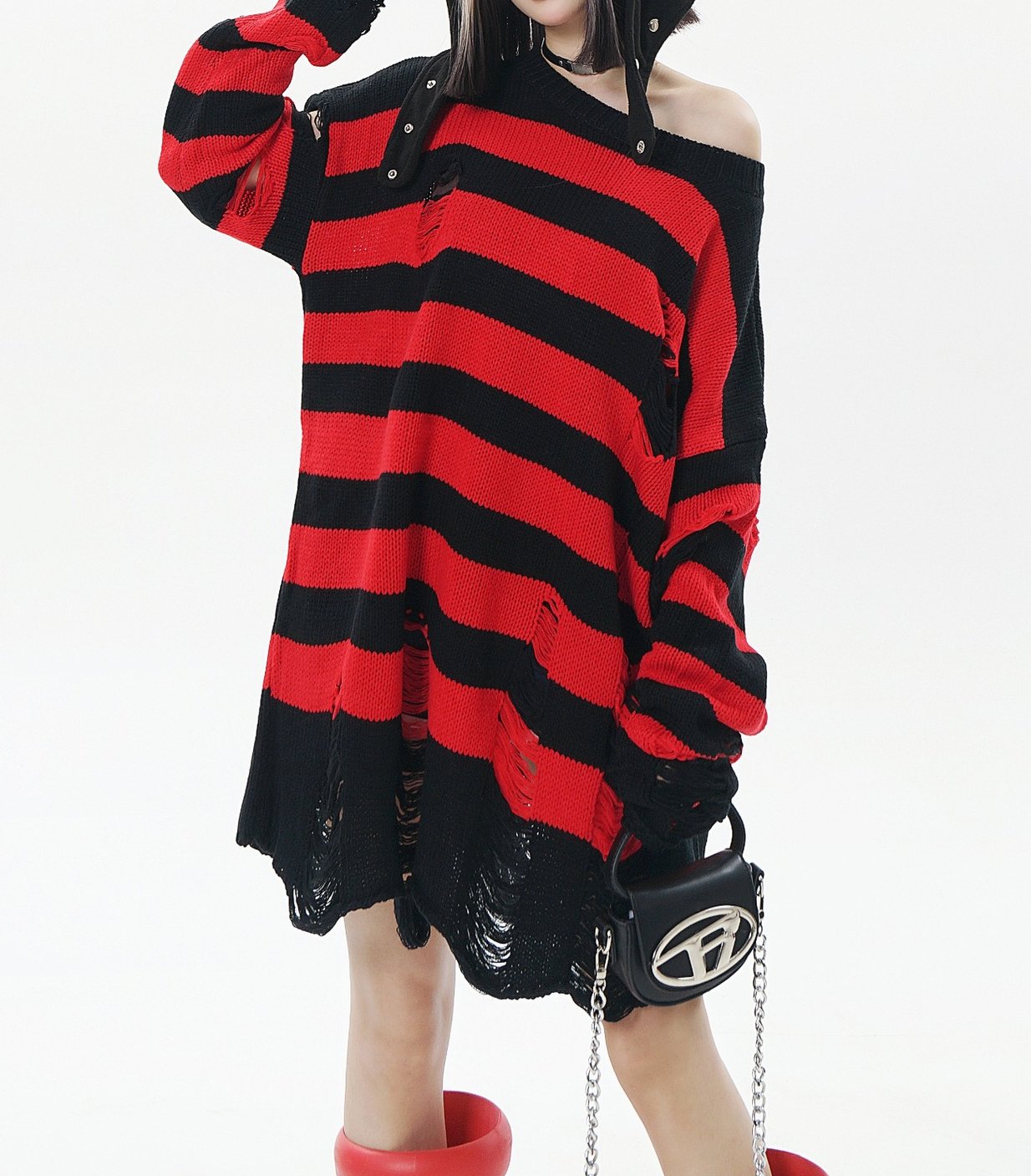 Unisex Black and Red Striped Ripped Knitted Sweater