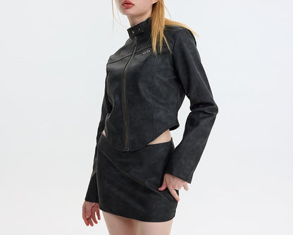 Stand Collar Motorcycle Style Leather Jacket Skirt Set