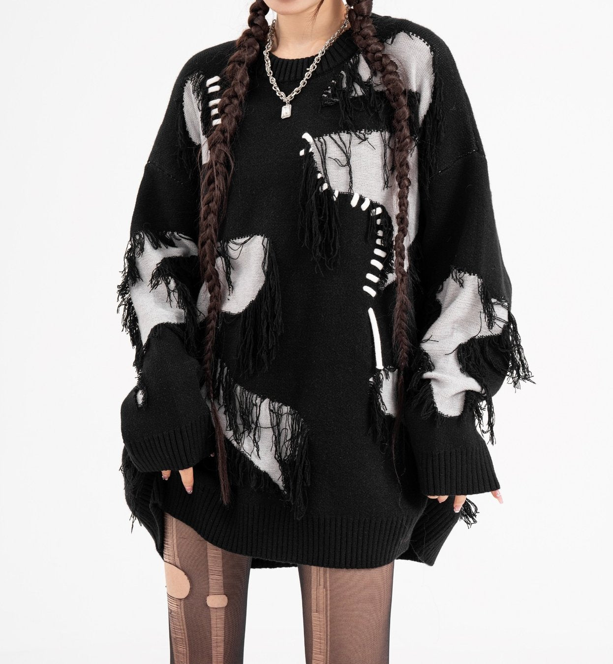 Unisex Fringed Rope Patchwork Knitted Sweater
