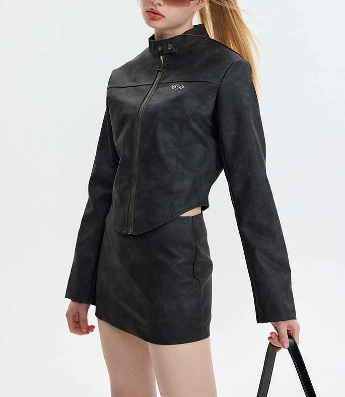 Stand Collar Motorcycle Style Leather Jacket Skirt Set