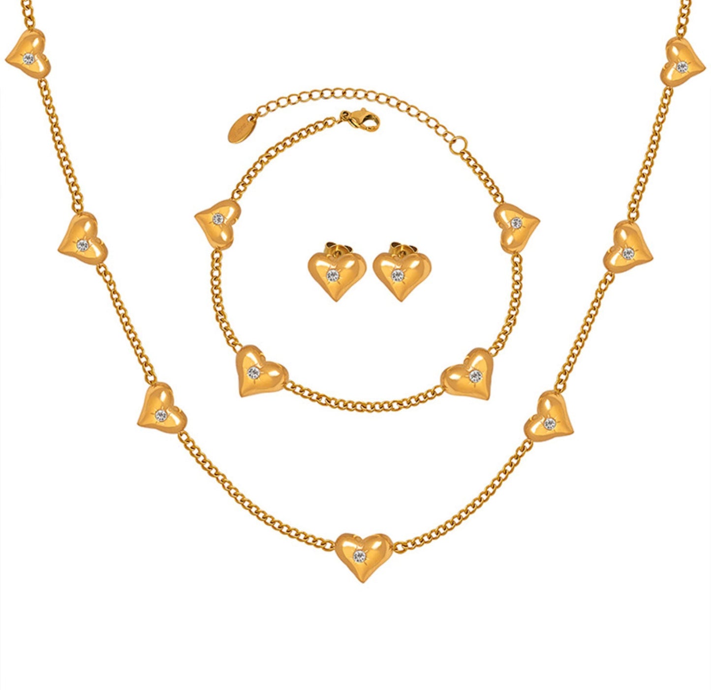 Peach Heart Necklace Bracelet Earrings Jewelry Set/Waterproof
