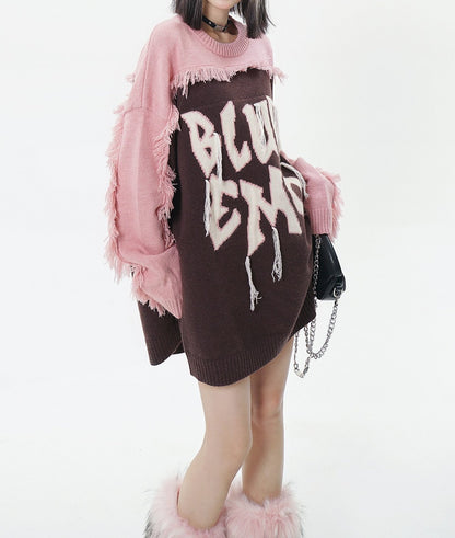 Unisex Letter Embroidered Tassel Knitted Sweater