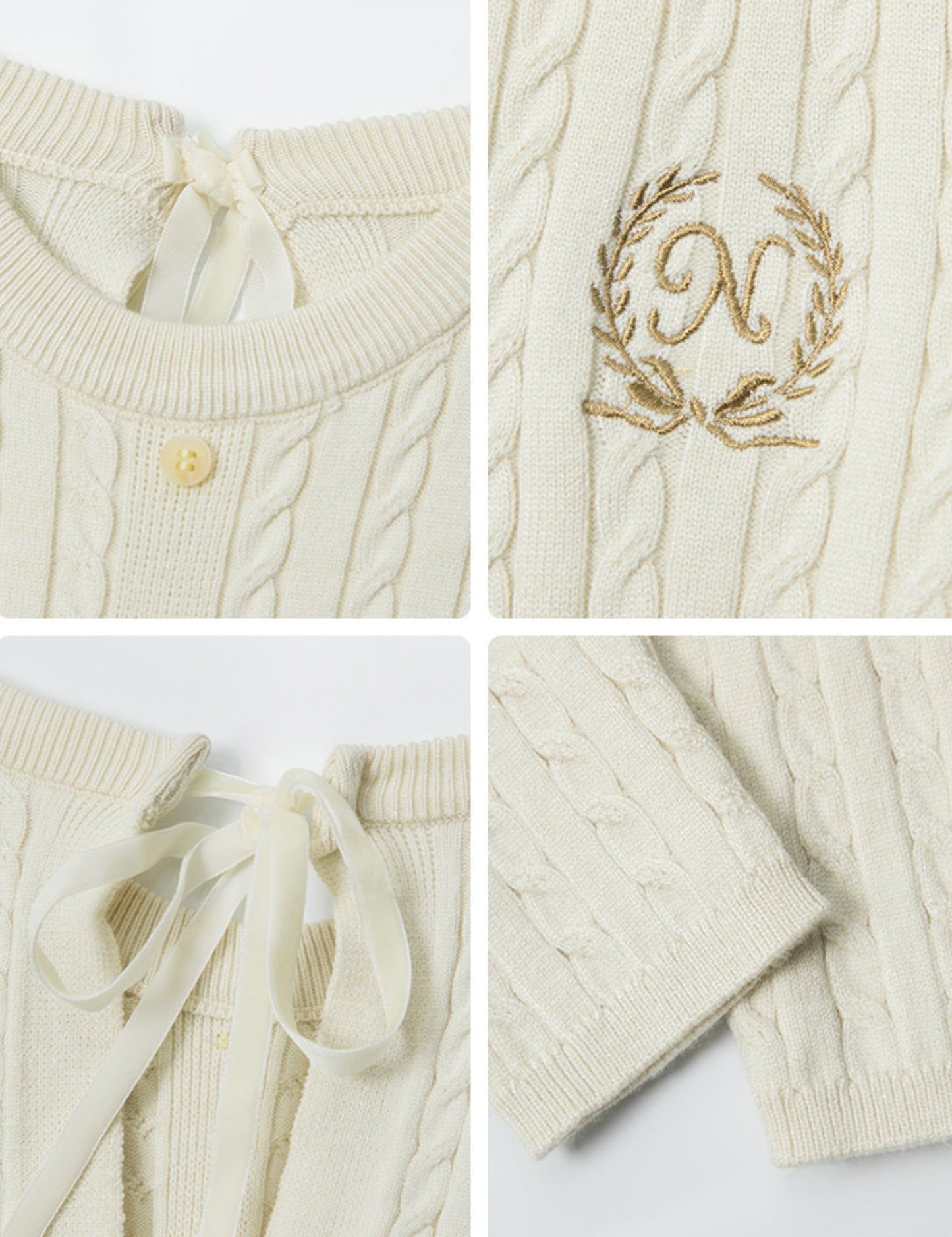 Long-sleeve Cropped Sweater with Embroidered Emblem and Tie-back Design