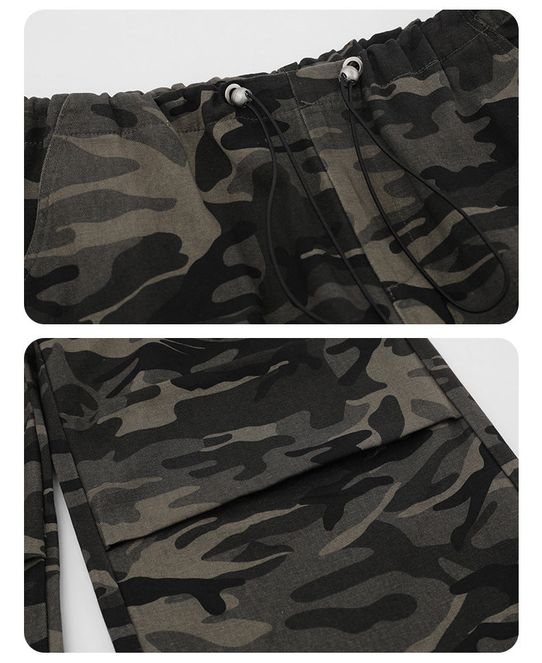 Unisex Cotton Camouflage Overalls Mid-Rise Waist Cargo Pants