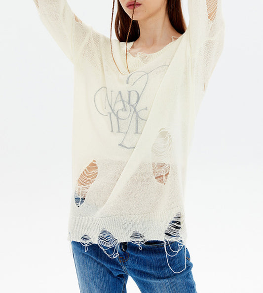 Thin Ripped Long Sleeve Hollow Loose Knitted Sweater