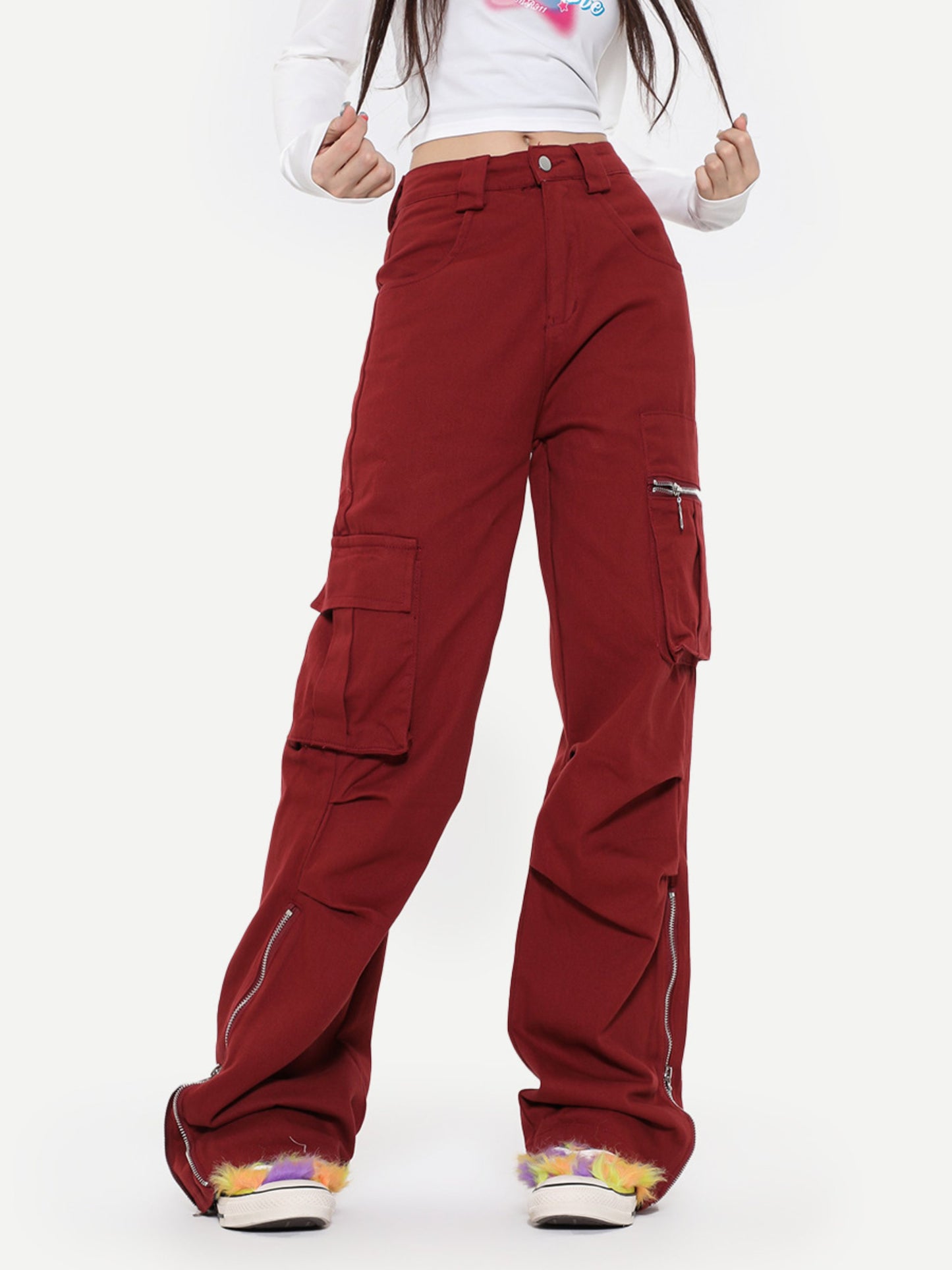 Unisex 3 Color Black, Beige and Red Big Pocket Mid Waist Black Red Beige Cargo Pant