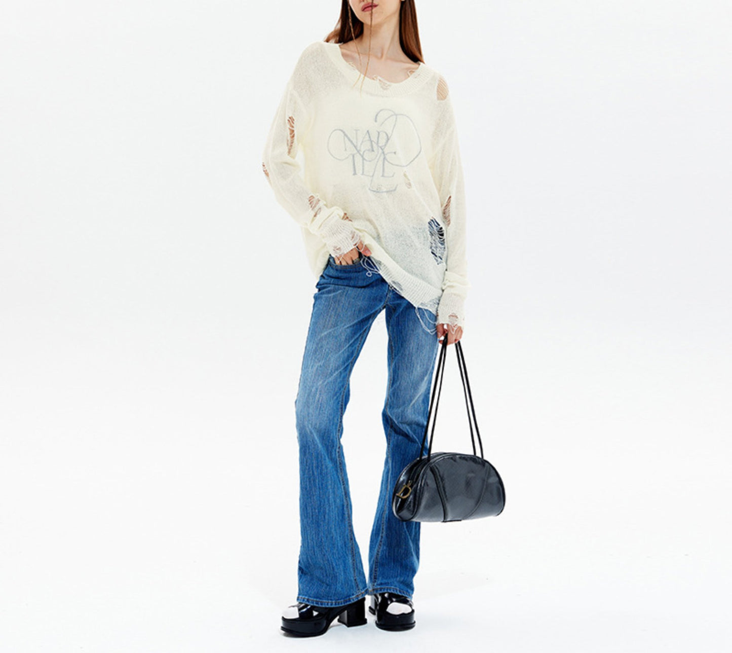 Thin Ripped Long Sleeve Hollow Loose Knitted Sweater