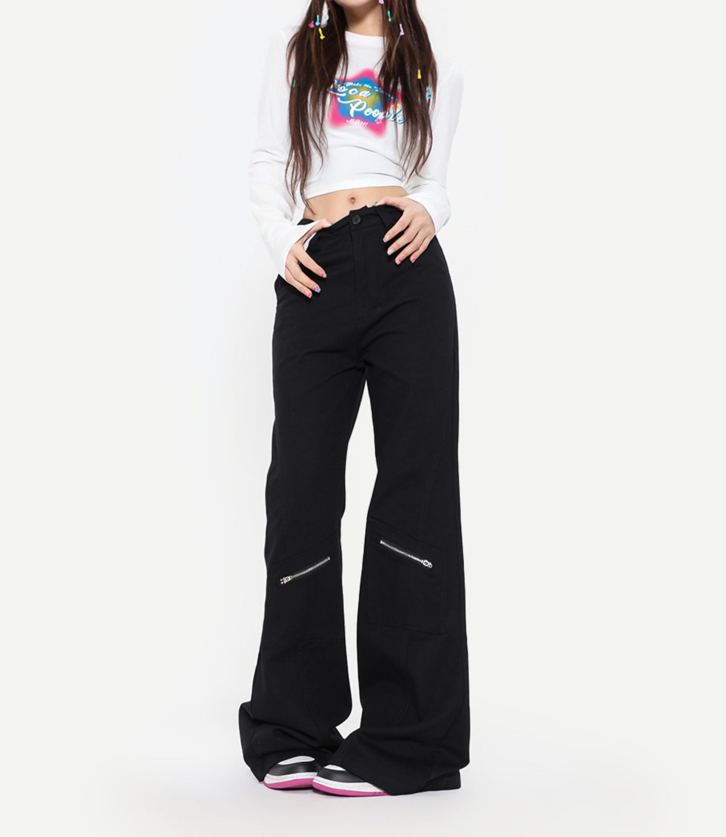 Unisex 2 Colors Black and Gray Flared Pants with Spliced Pockets
