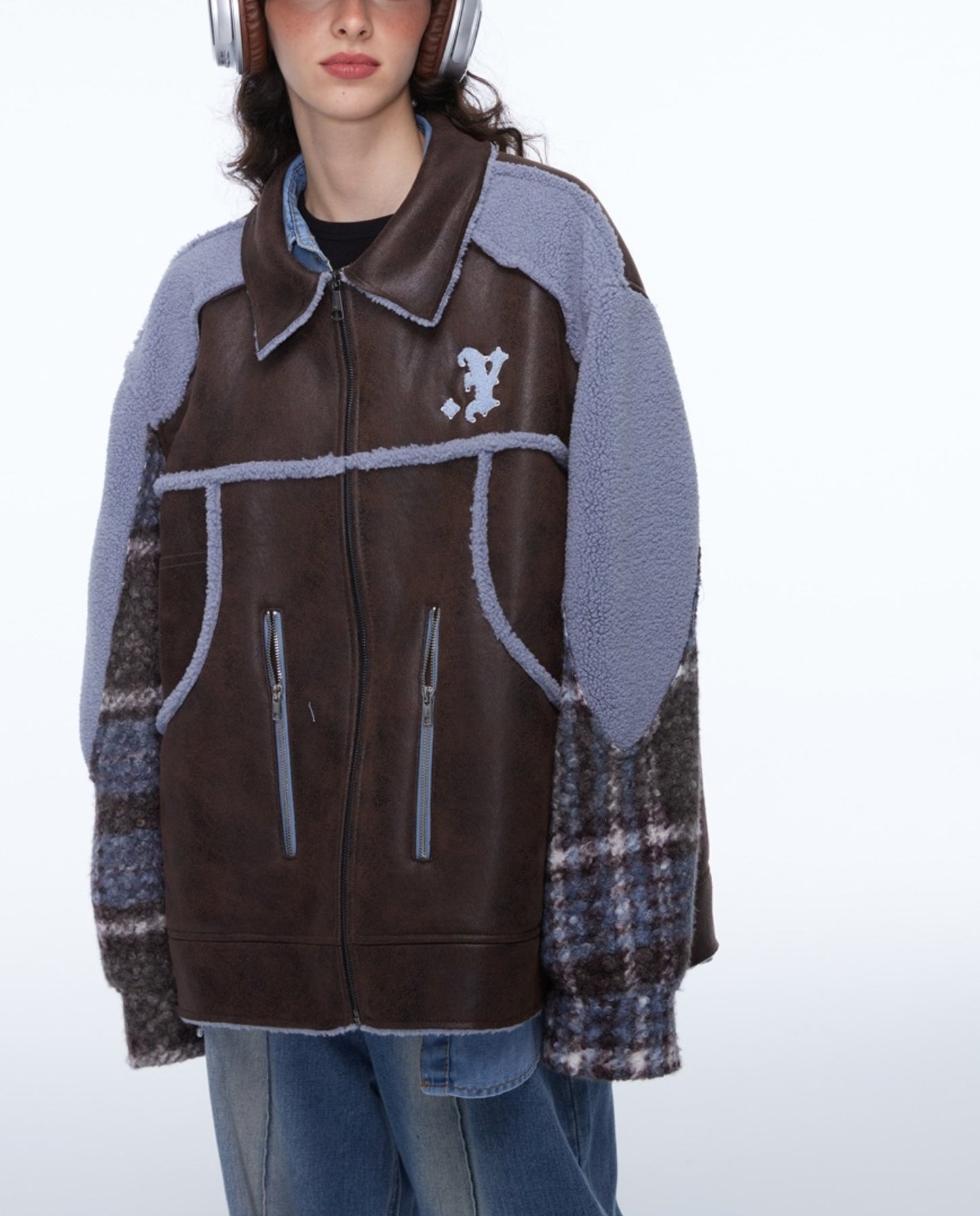 Retro Plaid Spliced Fur One-Piece PU Fur Jacket