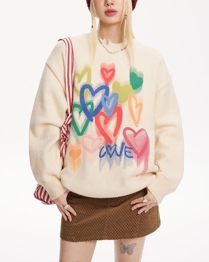 Heart Print Oversize Knit Sweater