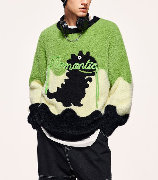 Unisex Contrast Color Pullover Loose Knitted Dinosaur Sweater