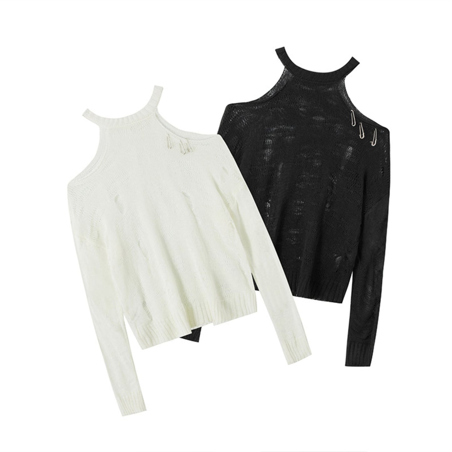 2 Colors Black and White Halterneck off-shoulder Knitted Blouse