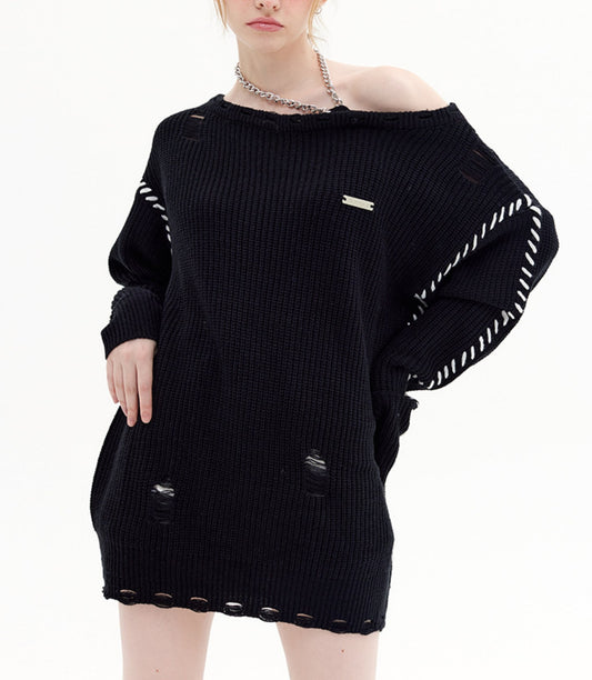 PRE-ORDER Chain Shoulder Strap Ripped Pullover Long Sleeve Knit