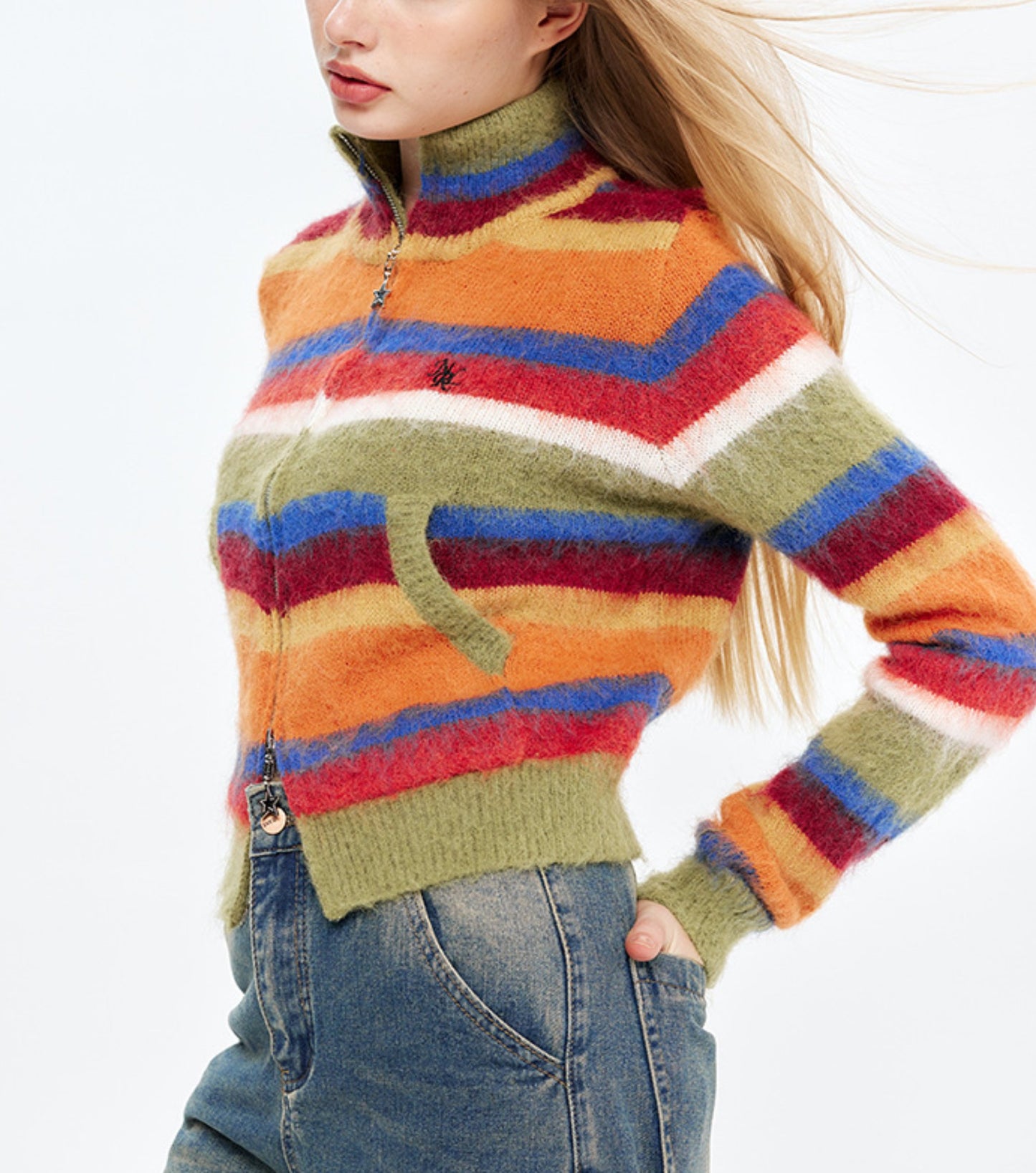 3 Colors Colorful Striped Half Turtleneck Zipper Cardigan Knitted Short Sweater