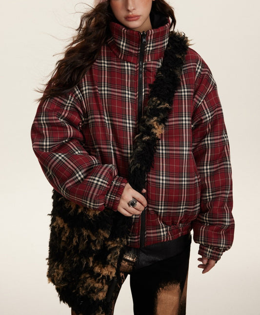 Winter Retro Plaid Reversible Stand Collar Jacket