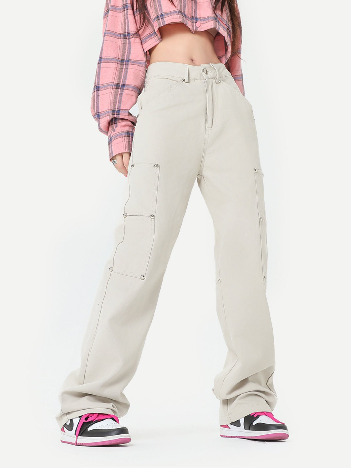 Unisex 3 Colors Studded High Street Style Casual Pants