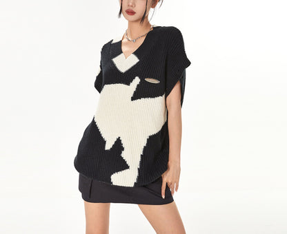 Cow Contrast Patchwork Ripped Detachable Sweater