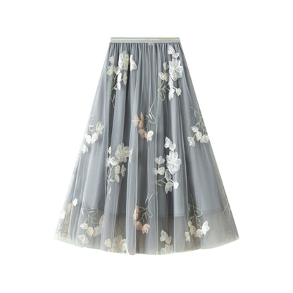 Embroidered Floral Midi Tulle Skirt