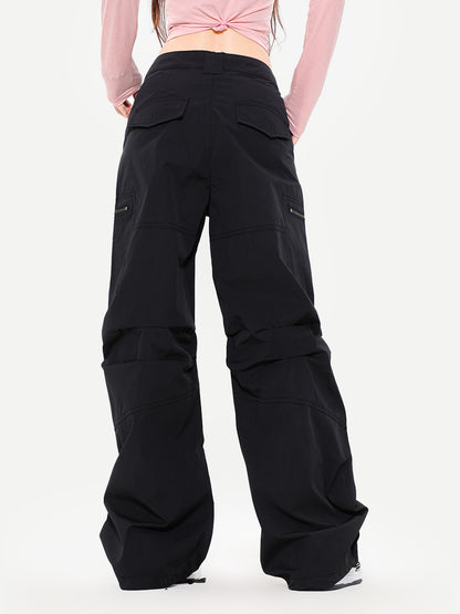 Unisex 2 Colors Black and Pink Mid Waist Big Pocket Cargo Pants