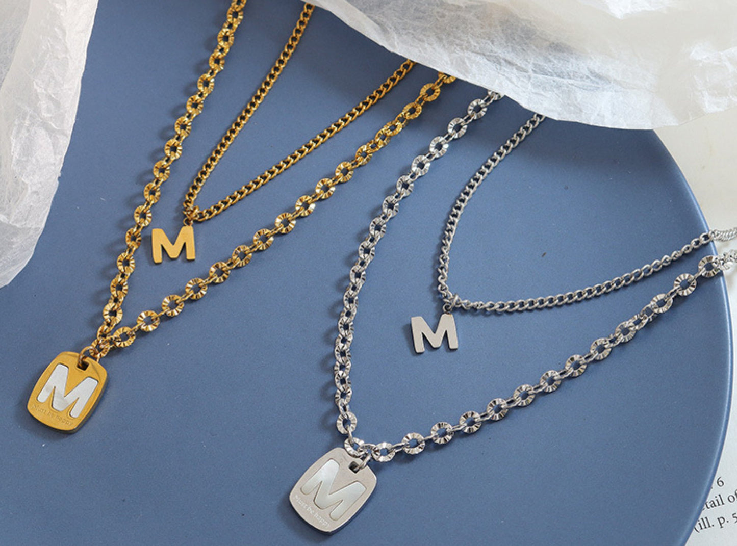 White Seashell Letter M Double Layered Pendant Necklace/Waterproof