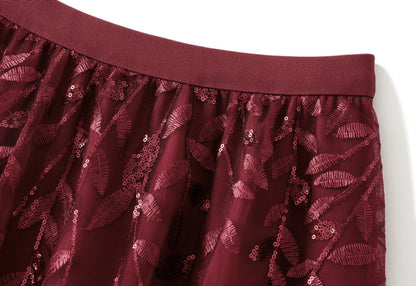 Leaf Embroidered Mesh Midi Tulle Skirt