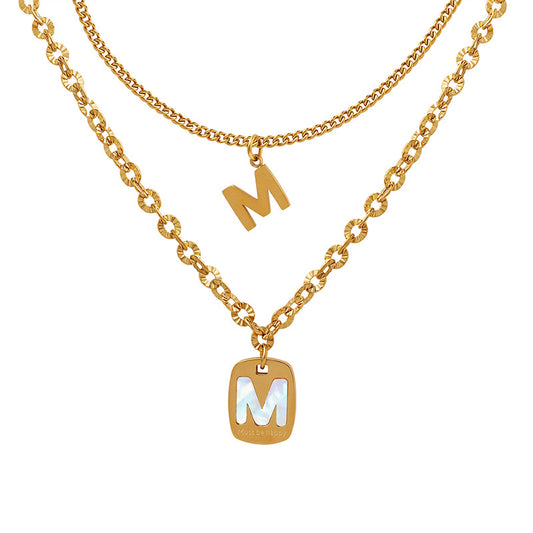 White Seashell Letter M Double Layered Pendant Necklace/Waterproof