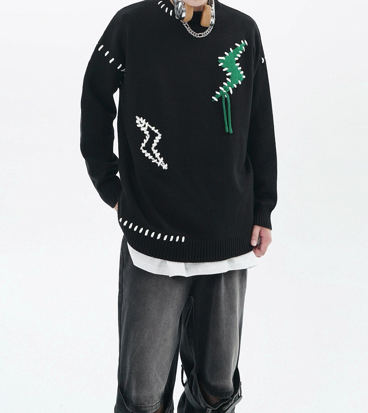 Unisex Lightning Embroidered Fringed Sweater