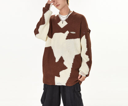 Cow Contrast Patchwork Ripped Detachable Sweater