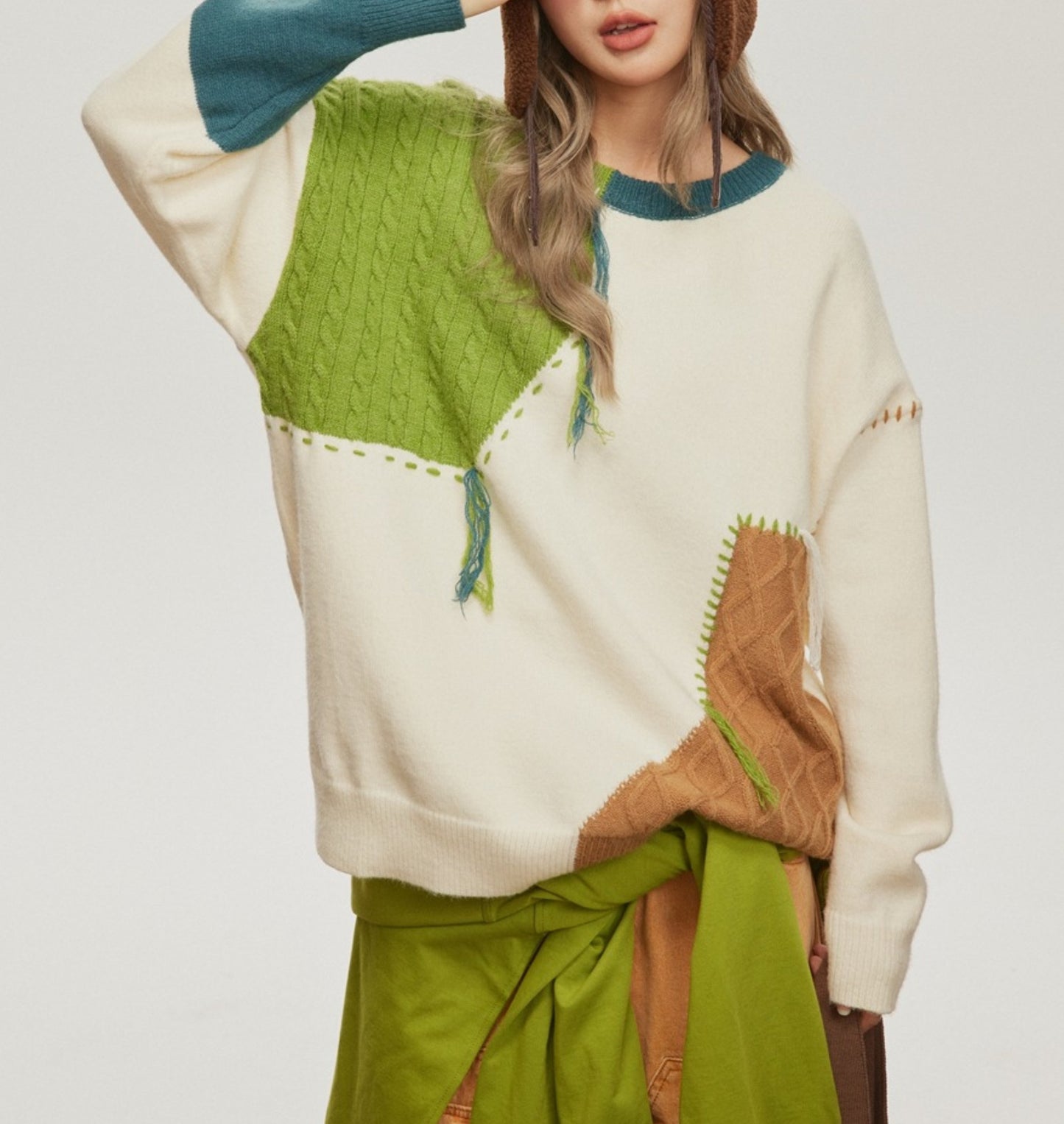Patchwork Contrasting Color Pullover Knit Sweater