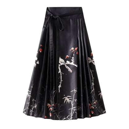 Retro One-piece Printed Flower and Bird Skirt