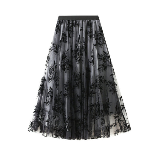 Embroidered Leaf Mesh Midi Tulle Skirt