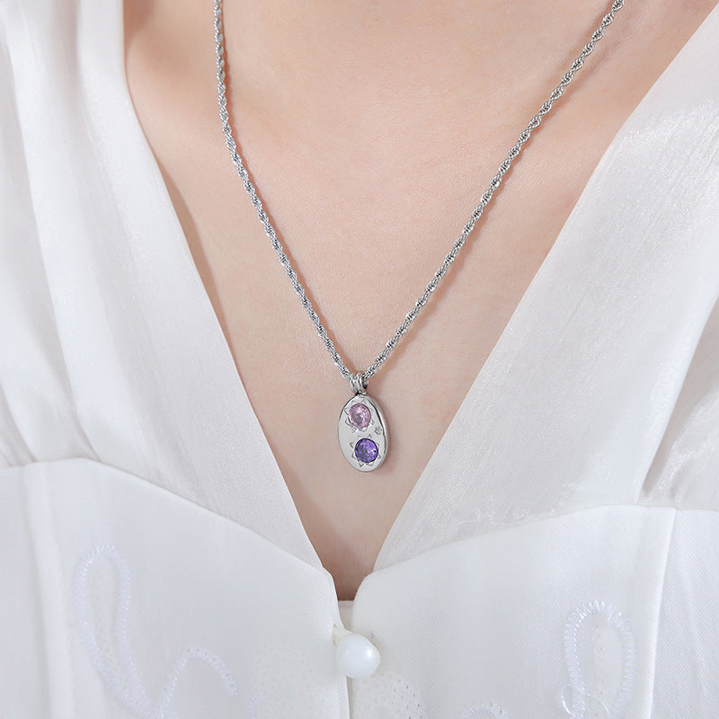 Oval Star Inlaid Purple Zirconia Necklace and Earrings/Waterproof