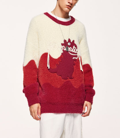 Unisex Contrast Color Pullover Loose Knitted Dinosaur Sweater