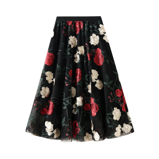 Embroidered Floral Mesh Midi Tulle Skirt