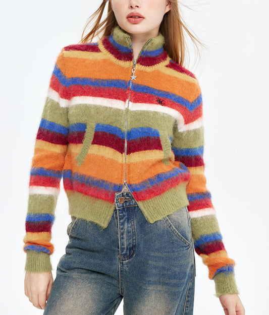 3 Colors Colorful Striped Half Turtleneck Zipper Cardigan Knitted Short Sweater