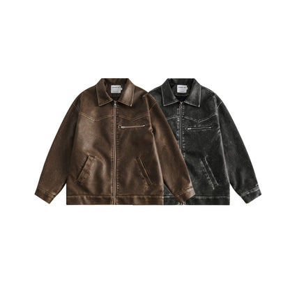 Trendy Retro Washed Distressed PU Leather Motorcycle Jacket
