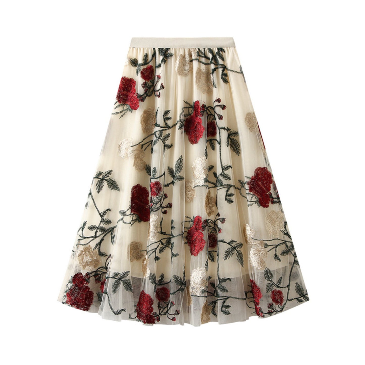 Embroidered Floral Mesh Midi Tulle Skirt