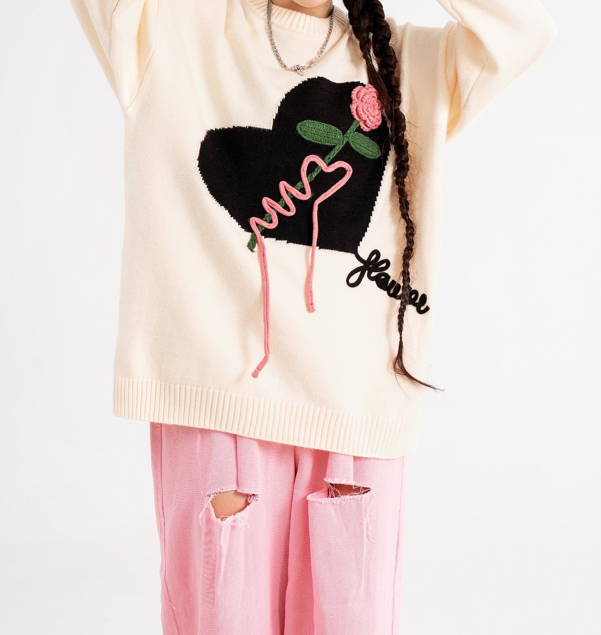 Unisex Heart Rose Knitted Sweater