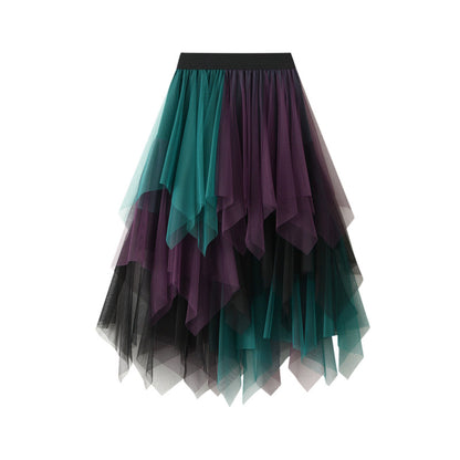 Colorblock Mesh Multi-Layer Irregular Midi Skirt