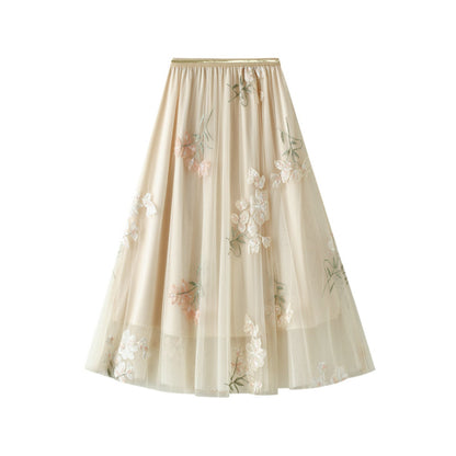 Embroidered Floral Midi Tulle Skirt
