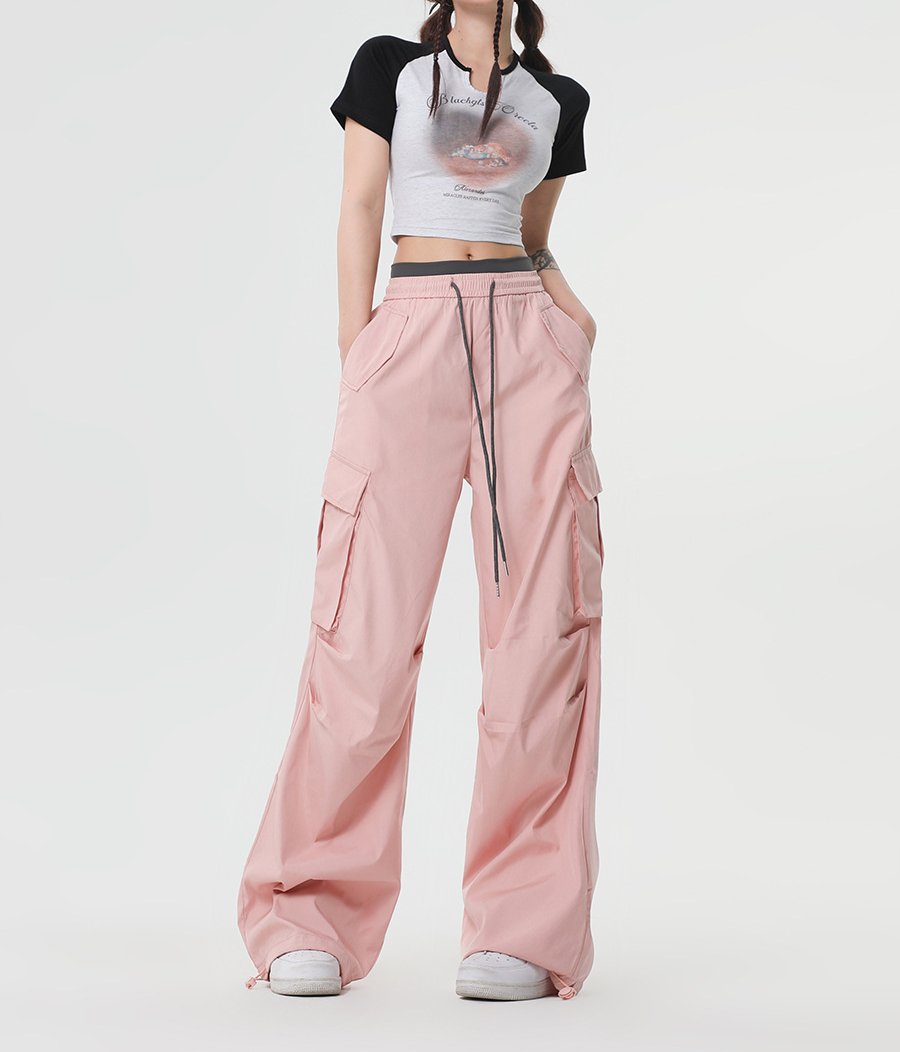 Unisex 3 colors Pink, Black and Blue High Waist Drawstring Cargo Pant