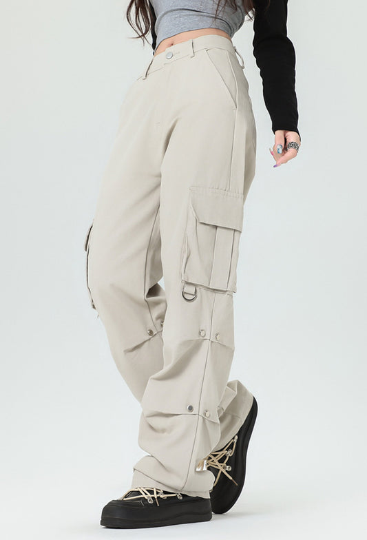 Unisex 2 Colors Mid Waist Black Beige Cargo Pant