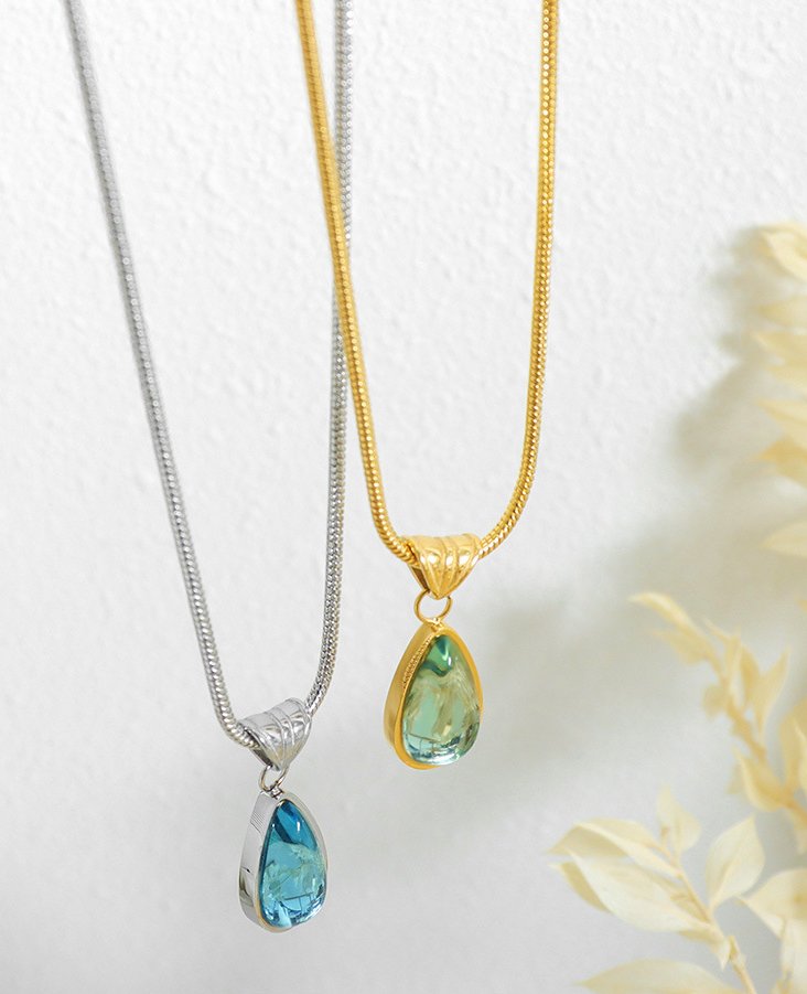 Olive Green and Blue Water Drop Pendant Chain Necklace/Waterproof