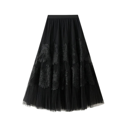 Lace Pleated Mesh Midi Skirt