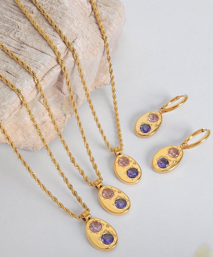 Oval Star Inlaid Purple Zirconia Necklace and Earrings/Waterproof