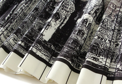 Retro City Print Pleated Midi Skirt