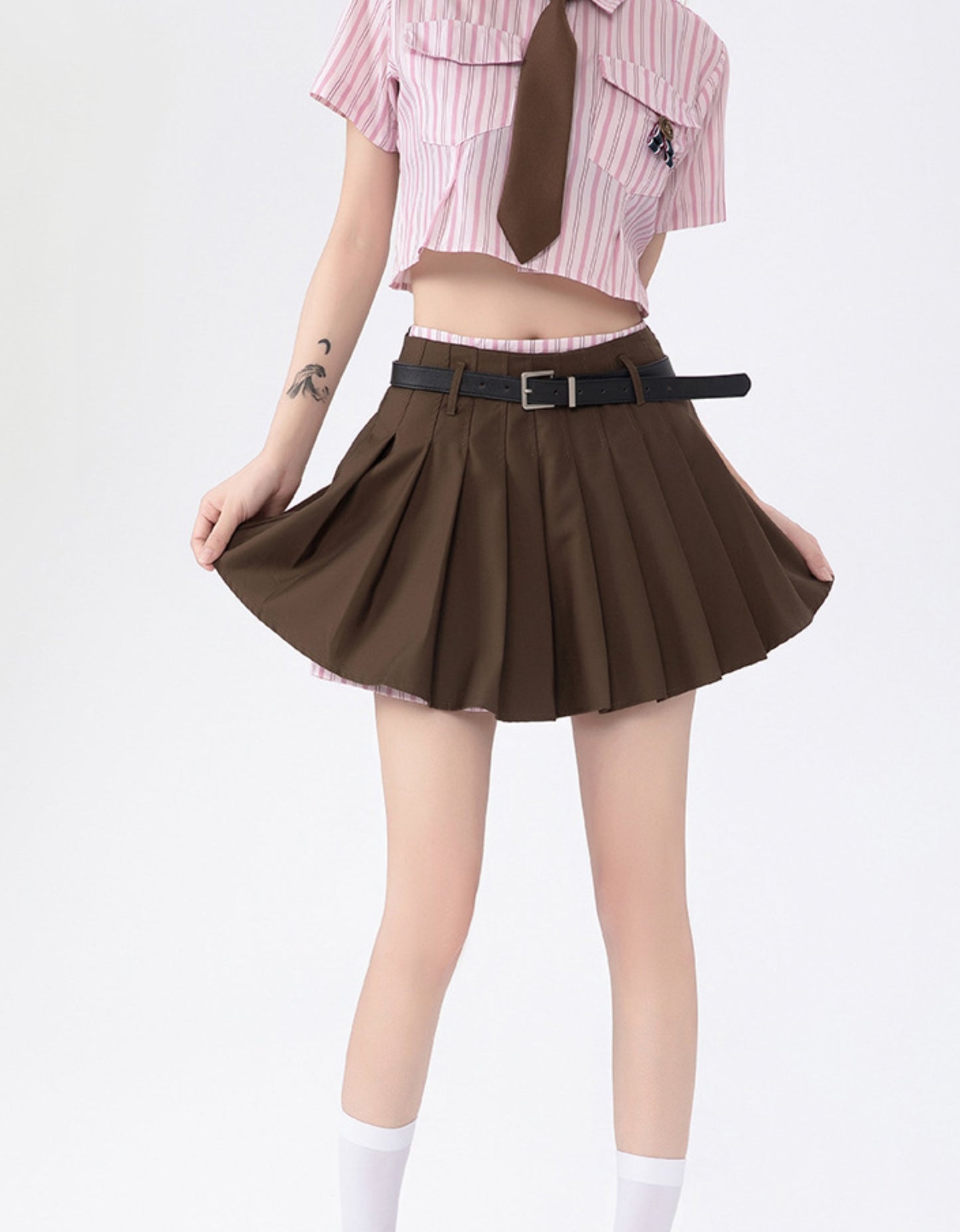 Pleated Skirted and  Stripe T-Shirt Set