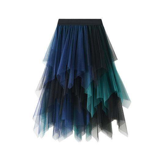 Colorblock Mesh Multi-Layer Irregular Midi Skirt