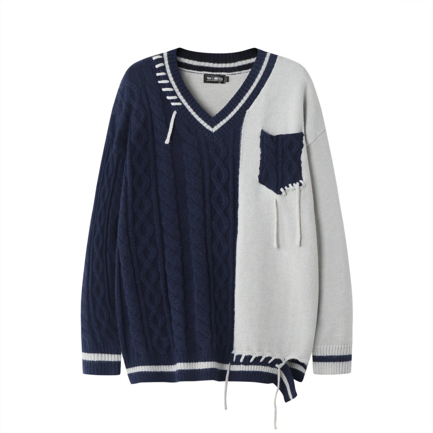 Unisex Contrast Color Patchwork V-neck Knitted Sweater
